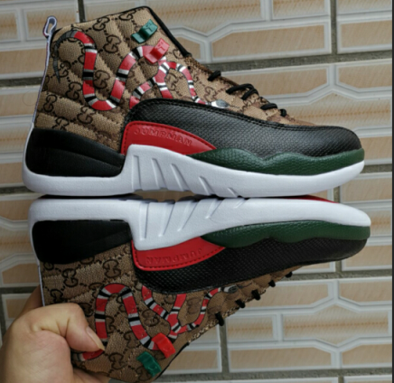 2019 Air Jordan 12 Snake Print Coffe Red Black Green Shoes - Click Image to Close